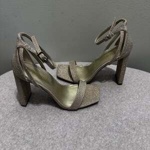 Light Gold Sparkle Open Toe ankle strap Chunky High Heel Shoes Size 6.5